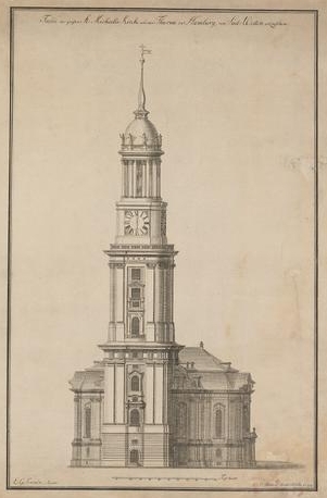 1. Ernst Georg Sonnin (Zeichner) und Andreas Joachim Hillers (Stecher): Facade der großen St. Michaelis-Kirche und des Thurms, in Hamburg, von Süd-Westen anzusehen [Seitenriss]; Hamburg 1780; Bibliothekssignatur: AH C,115