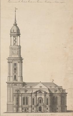 2. Ernst Georg Sonnin (Zeichner) und Andreas Joachim Hillers (Stecher): Facade der großen St. Michaelis-Kirche und des Thurms, in Hamburg, von Süden anzusehen [Seitenriss] ; Hamburg 1780; Bibliothekssignatur: AH C,116