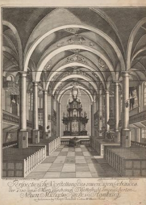 Blatt vier: Peter Bernhard (Zeichner) und Friedrich Schönemann (Stecher): Perspectivische Vorstellung des inwendigen Gebäudes der 1750 [...]  eingeäscherten Neuen Michaelis Kirche in Hamburg; Hamburg: Cotius, 1750