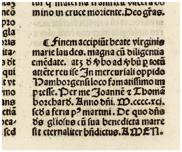Druckvermerk vom 14. Nov. 1491 am Ende des ältesten datierten Hamburger Drucks. Signatur: Inc B/38.