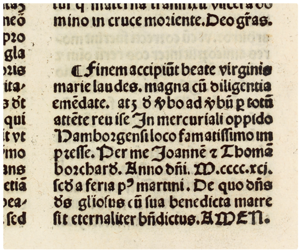 Druckvermerk vom 14. Nov. 1491 am Ende des ältesten datierten Hamburger Drucks. Signatur: Inc B/38. Druckvermerk vom 14. Nov. 1491 am Ende des ältesten datierten Hamburger Drucks. Signatur: Inc B/38.