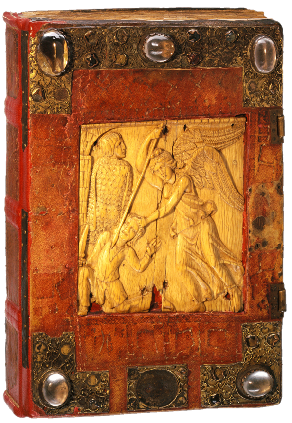Cod. in scrinio 93: Prachteinband des 11. Jahrhunderts mit darin eingelassener, wiederverwendeter Elfenbeintafel aus Rom, um 450, und Filigran- bzw. Bergkristallbeschlägen des 12. Jahrhunderts