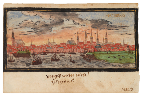 Stadtansicht von Hamburg, 17. Jh. - Stammbuchblatt Nr. 324 Scrin. 67