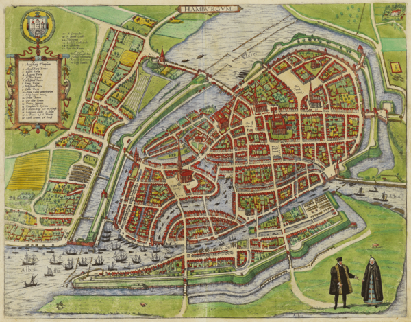 Hamburgum. - [ca. 1:4.500]. - [Agrippina Ubiorum Colonia//Köln], [ca. 1588]. - 1 Kt. : kolor. Kopperst. - Bl. 36 ut: Braun/Hogenberg: Civitates Orbis Terrarum, Bd. 4