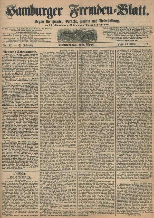 Titelseite Hamburger Fremdenblatt eine Seite des Hamburger Fremdenblatts