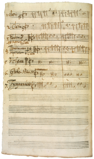 Thomas Selle (1599-1663): en Trompetenchor, von egen Hand schreben as Musik för de Hamborger Fier üm den Westfälischen Freden an’n 15. September 1650 (Psalm 150, "Lobet den Herrn in seinem Heyligthum"), (Staats- un Universitätsbibliothek Hamborg, Co